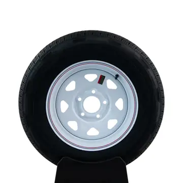Rainier ST205/75R15 Radial Trailer Tire on a 5 Bolt White Spoke Painted Wheel