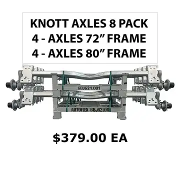 8 Pack - Knott Boat Trailer Torsion Axles 3750lb 5 Lug (4) 80 inch Frame and (4) 72 inch Trailer Frames